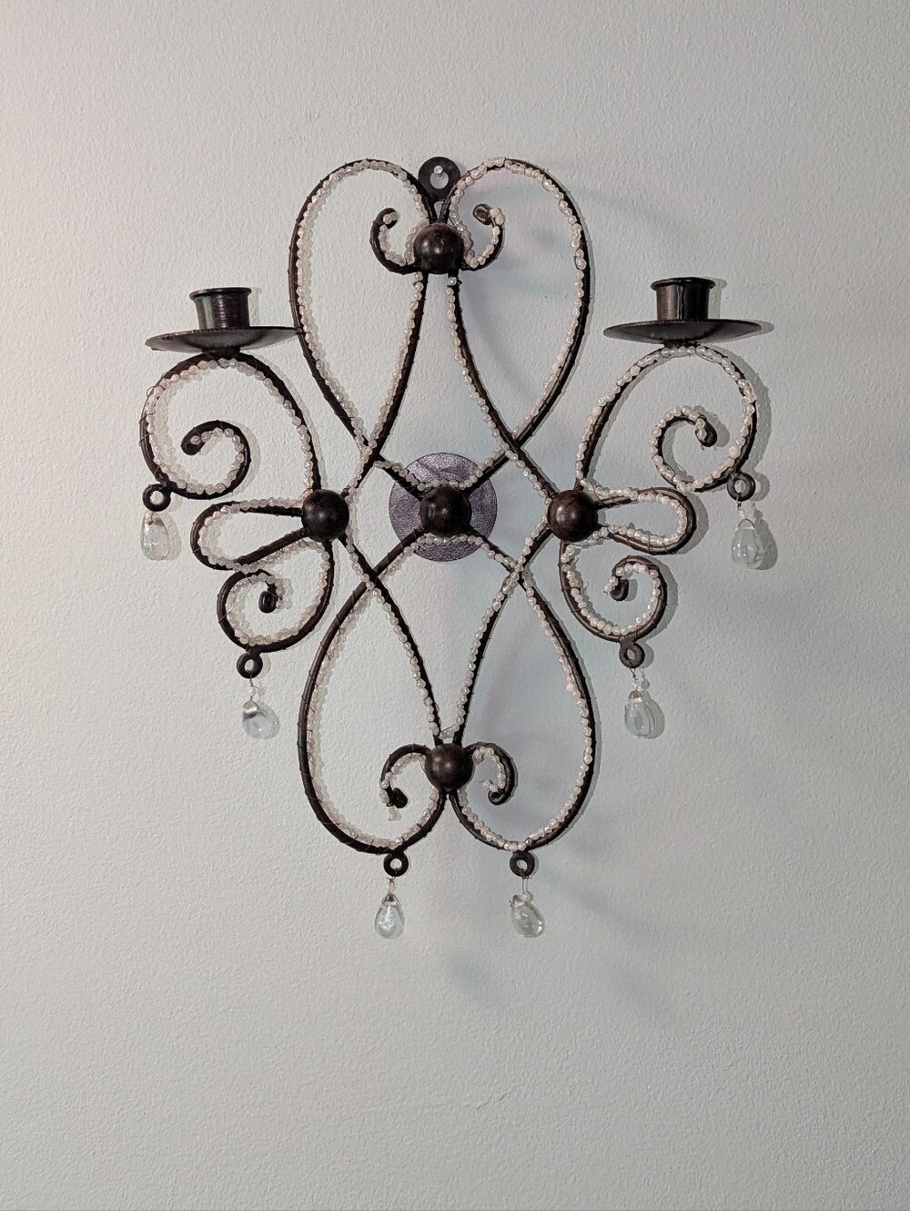 Brown Metal Beaded Drop Glass Bead Wall 2 Sconce Candle Holders Scroll Design